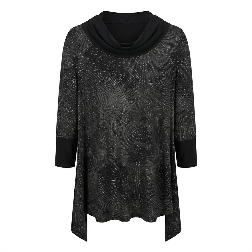 IC Connie K Black Silver Abstract Palm Cowl‎ Neck Sharkbite Tunic XL - CJ